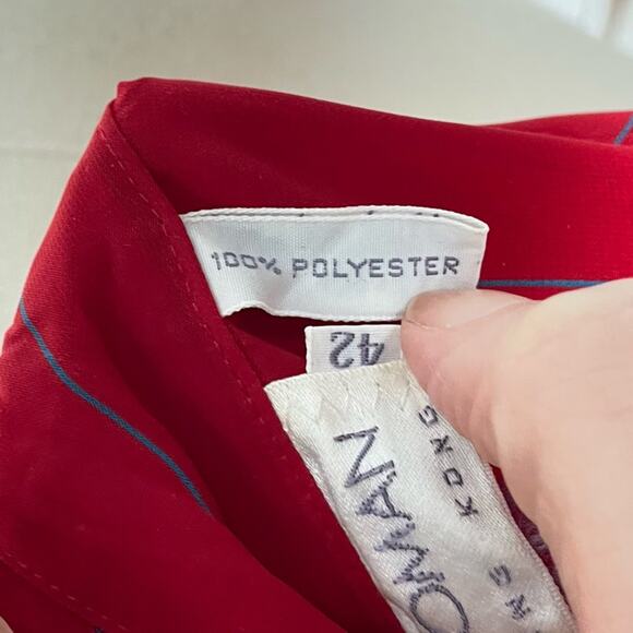 Vintage Red Teal Geometric Print Ruffle Sheer Long Sleeve Gathered Shoulder Top - Picture 11 of 11